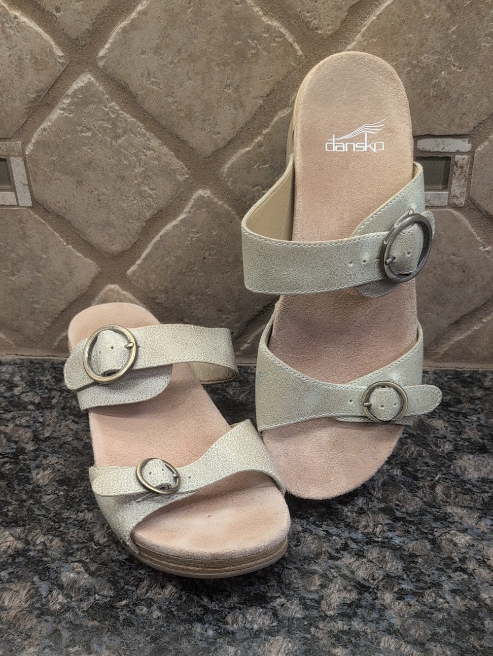 Dansko Women's Light Beige Double Buckle Slide Sandals